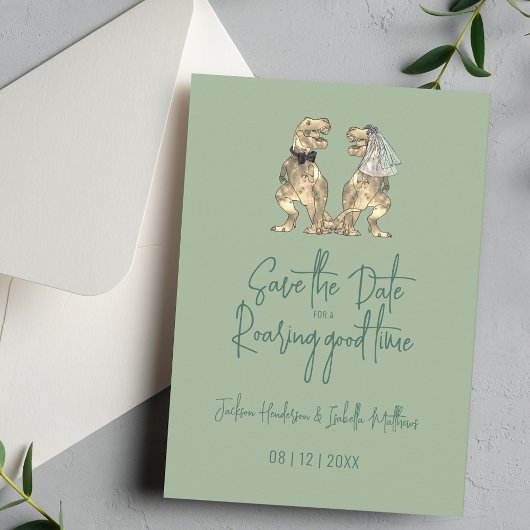 Funny Dinosaur Bride und Groom Wedding Sage Green Save The Date
