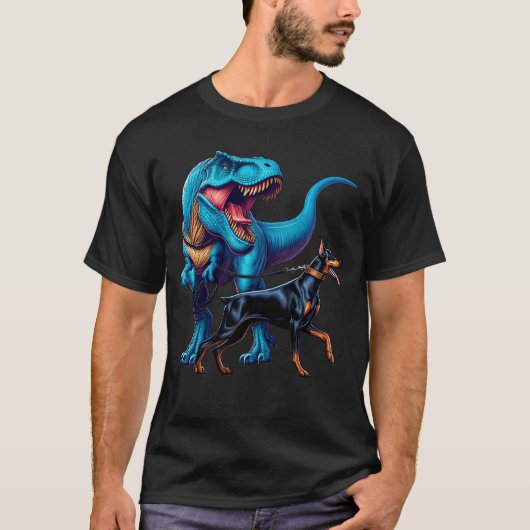 Funny Dinosaur Doberman Pinscher Walking Dog Lover T-Shirt (Vorderseite)