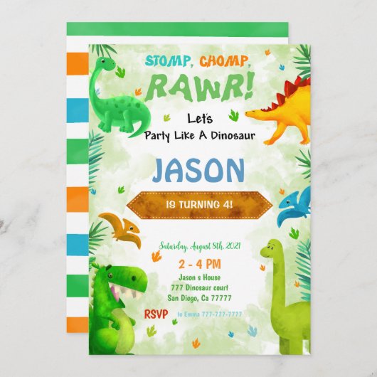 Funny Dinosaur Geburtstagsparty Einladung (Vorne/Hinten)