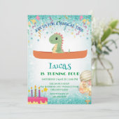 Funny dinosaur Kayak Kindergeburtstag Party DIY Na Einladung (Stehend Vorderseite)