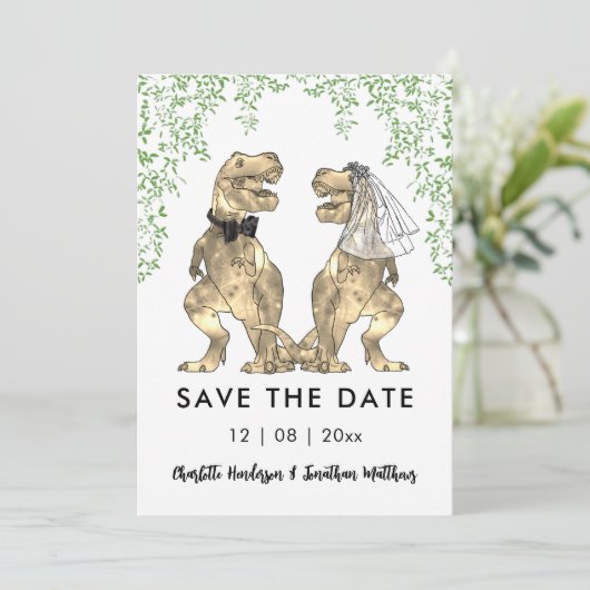Funny Dinosaur Themed Wedding Save The Date (Stehend Vorderseite)