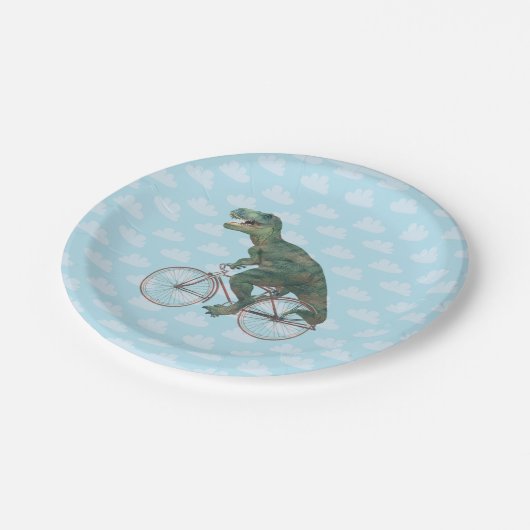 Funny Dinosaur TRex Fahrradfahren Pappteller (Schrägansicht)