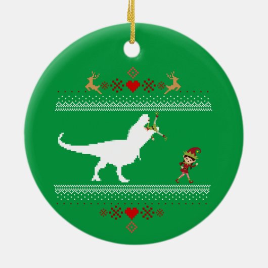 Funny Dinosaur Ugly Sweater Elf T-rex Keramik Ornament (Hinten)
