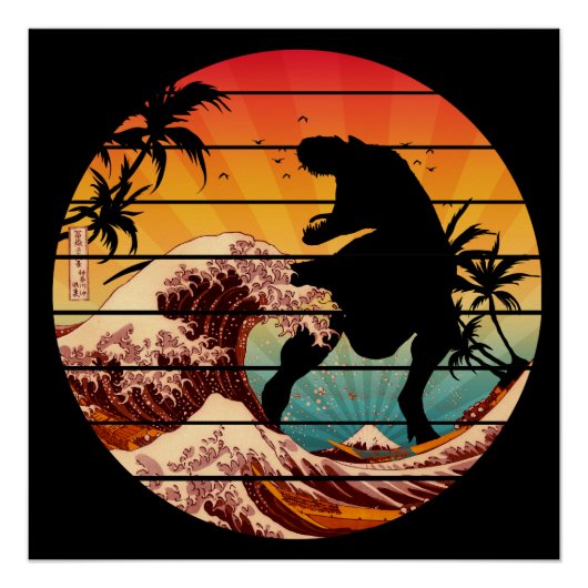 FUNNY DINOSAUR WAVE KANAGAWA VINTAG POSTER (Vorderseite)
