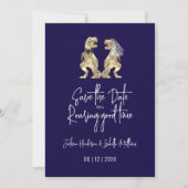 Funny Dinosaur Wedding Navy Blue Save The Date (Vorderseite)