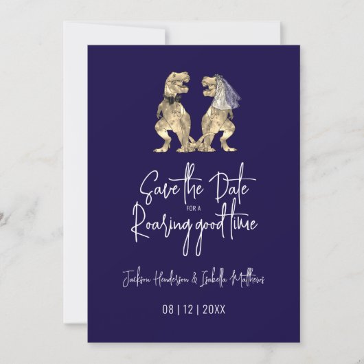 Funny Dinosaur Wedding Navy Blue Save The Date (Vorderseite)