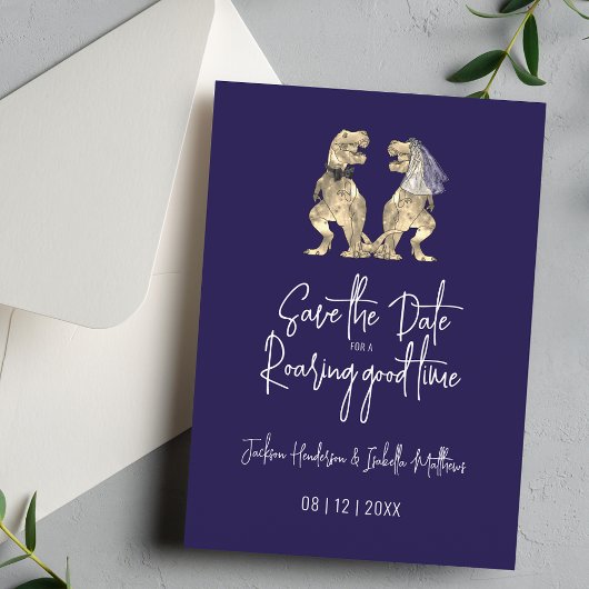 Funny Dinosaur Wedding Navy Blue Save The Date
