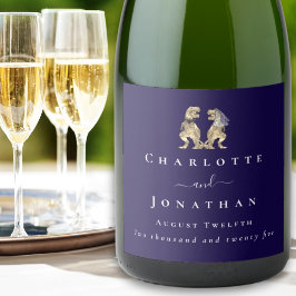 Funny Dinosaur Wedding Navy Blue & White Custom Schaumweinetikett