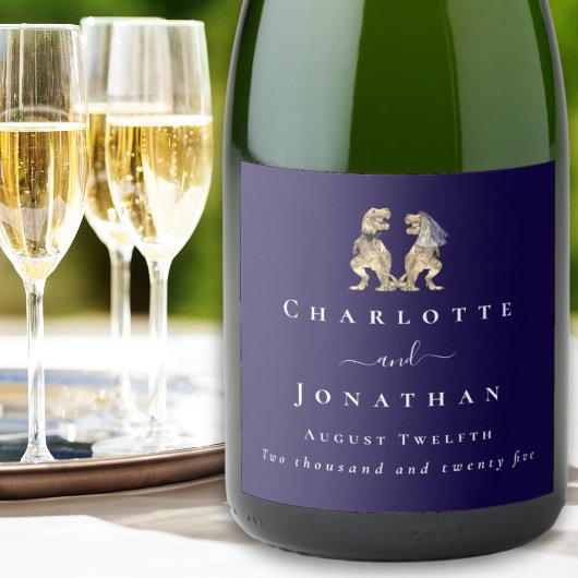 Funny Dinosaur Wedding Navy Blue & White Custom Schaumweinetikett