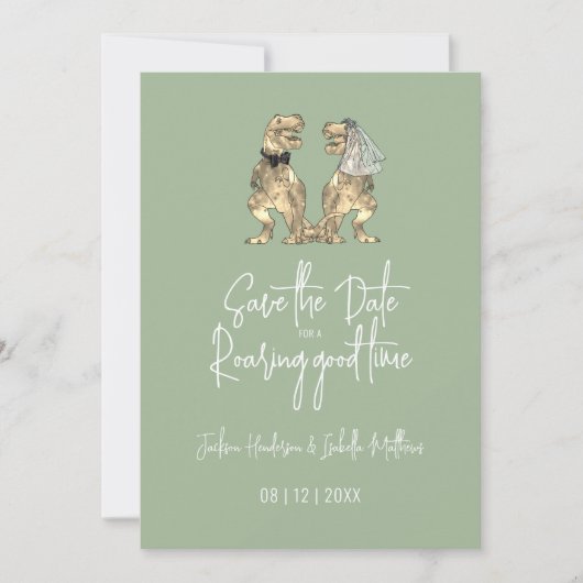Funny Dinosaur Wedding Sage Green Save The Date (Vorderseite)
