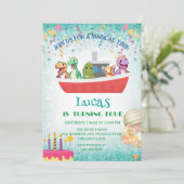 Funny dinosaur Yacht Birthday Party DIY Name Einladung (Stehend Vorderseite)