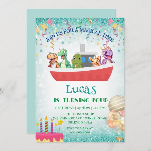 Funny dinosaur Yacht Birthday Party DIY Name Einladung (Vorne/Hinten)