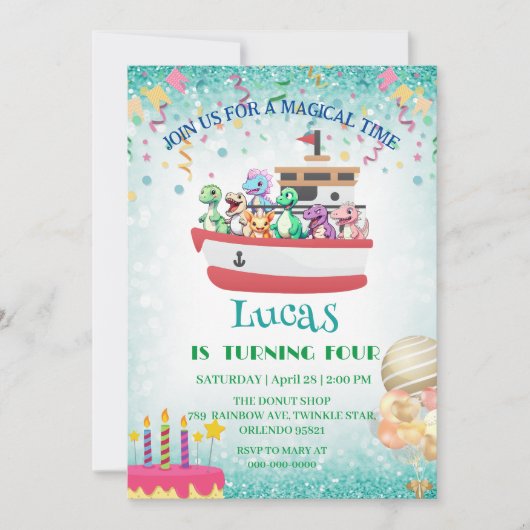 Funny dinosaur Yacht Birthday Party DIY Name Einladung (Vorderseite)