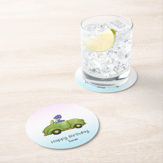 Funny Dinosaurier antikes Auto B2S Kindergeburtsta Runder Pappuntersetzer (Vor Ort)