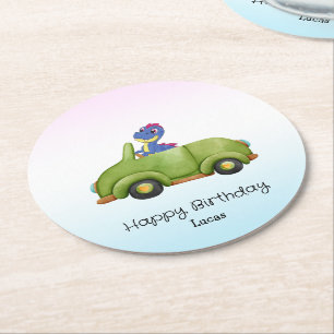 Funny Dinosaurier antikes Auto B2S Kindergeburtsta Runder Pappuntersetzer