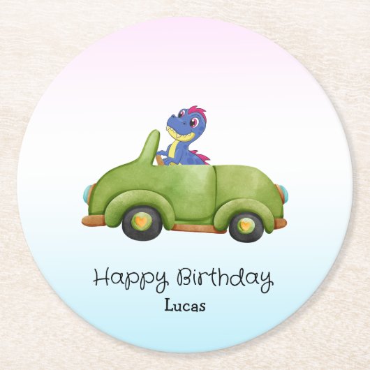 Funny Dinosaurier antikes Auto B2S Kindergeburtsta Runder Pappuntersetzer (Vorderseite)