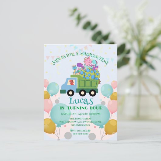 Funny Dinosaurier Garbage LKW Geburtstagspartei Na Postkarte (Stehend Vorderseite)