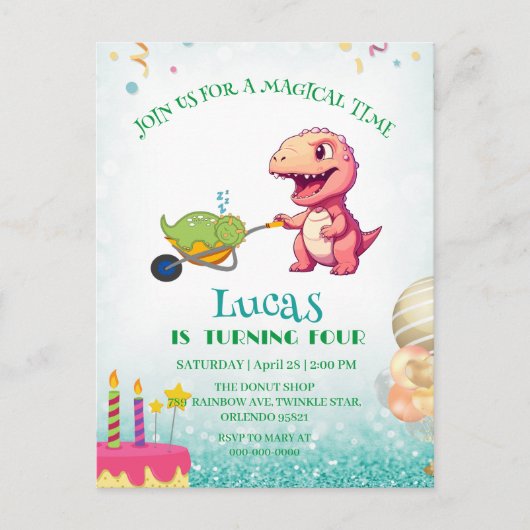Funny Dinosaurier Strohkarren Geburtstagskinder Pa Postkarte (Vorderseite)