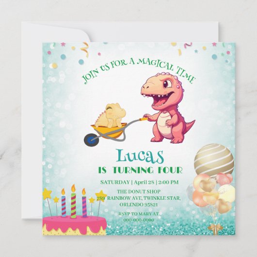 Funny Dinosaurier Strohkarren Geburtstagspartei DI Einladung (Vorderseite)