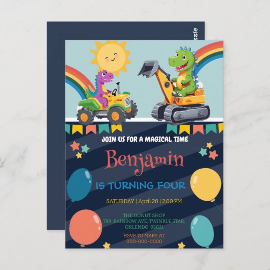 Funny Dinosaurier Traktor Ballon Boy Back To Schoo Postkarte (Vorne/Hinten)