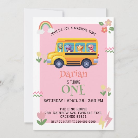 Funny dinosaurier Zurück zu Schulbus Mädchen Gebur Save The Date (Vorderseite)