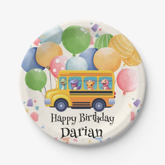 Funny dinosaurier Zurück zur Schule Bus Ballon Geb Pappteller (Vorderseite)