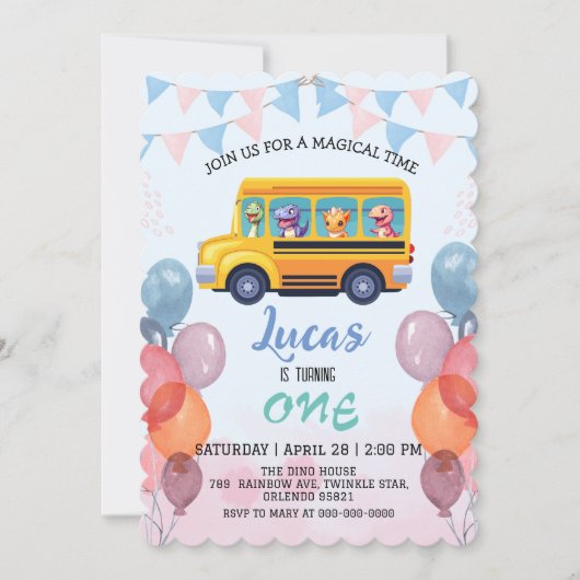 Funny dinosaurier Zurück zur Schule Bus Junge Gebu Einladung (Vorderseite)