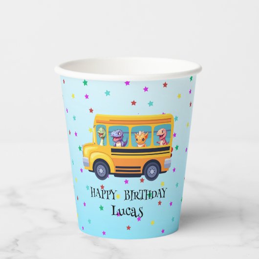 Funny dinosaurier Zurück zur Schule Bus Junge Gebu Pappbecher (Vorderseite)