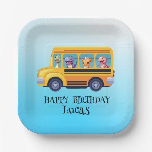 Funny dinosaurier Zurück zur Schule Bus Junge Gebu Pappteller (Vorderseite)