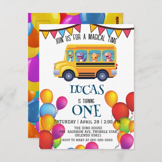 Funny dinosaurier Zurück zur Schule Bus Junge Gebu Postkarte (Vorne/Hinten)