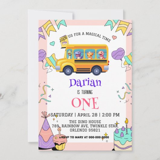 Funny Dinosaurier Zurück zur Schule Bus Kuchen Geb Save The Date (Vorderseite)