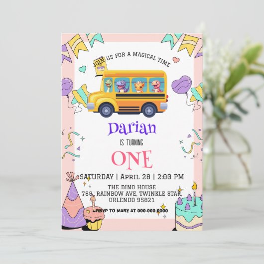 Funny Dinosaurier Zurück zur Schule Bus Kuchen Geb Save The Date (Stehend Vorderseite)