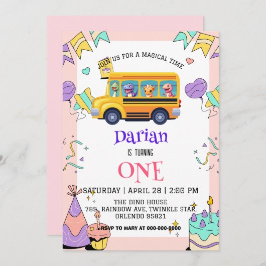 Funny Dinosaurier Zurück zur Schule Bus Kuchen Geb Save The Date (Vorne/Hinten)