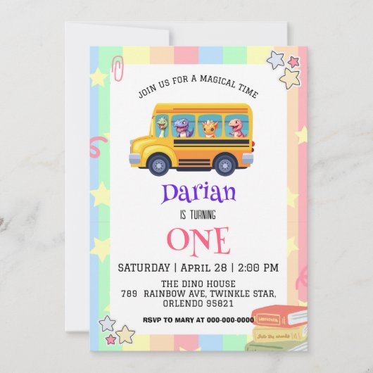 Funny dinosaurier Zurück zur Schule Bus Rainbow Ge Save The Date (Vorderseite)