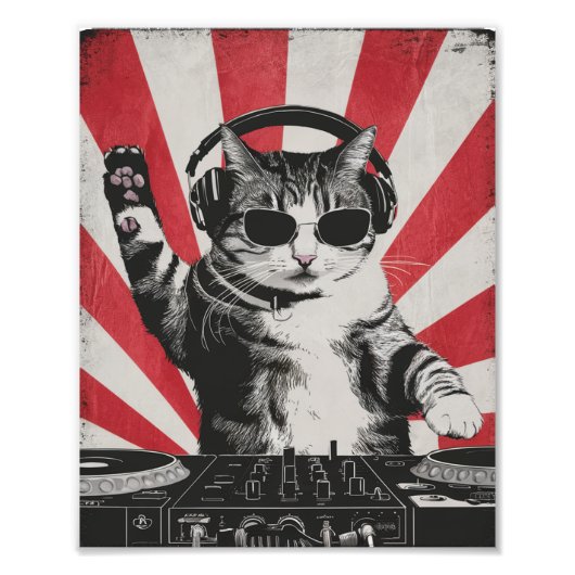 Funny DJ Cat Disco Sound Tech Headphone Music Fotodruck (Vorne)