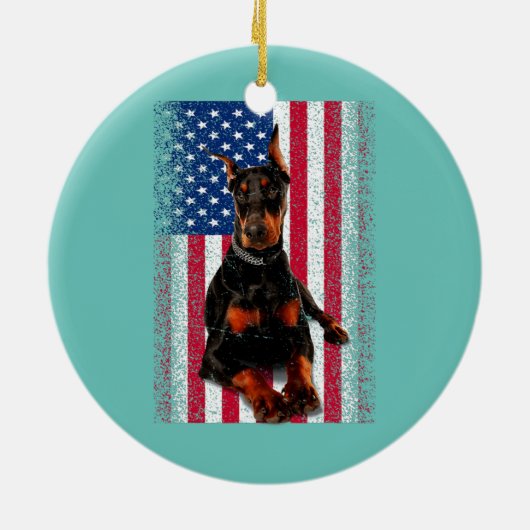 Funny Doberman Dog American Flag Patriotic Happy Keramik Ornament (Hinten)