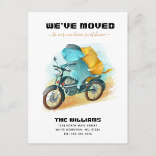 Funny Dog Cat Riding Motorrad Neue Zuhause Moving Ankündigungspostkarte