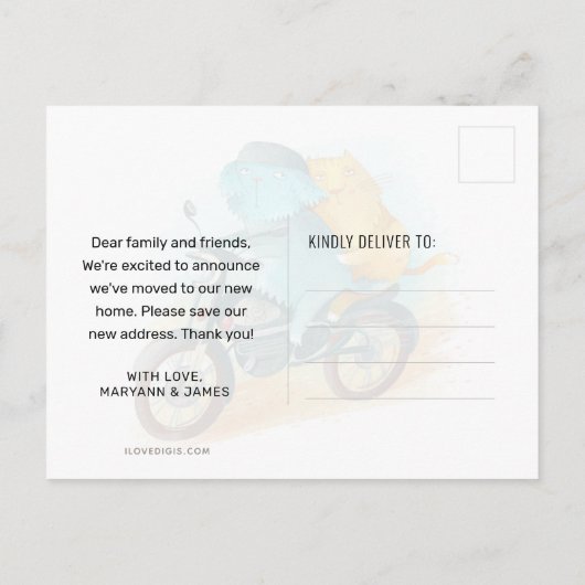 Funny Dog Cat Riding Motorrad Neue Zuhause Moving Ankündigungspostkarte (Rückseite)