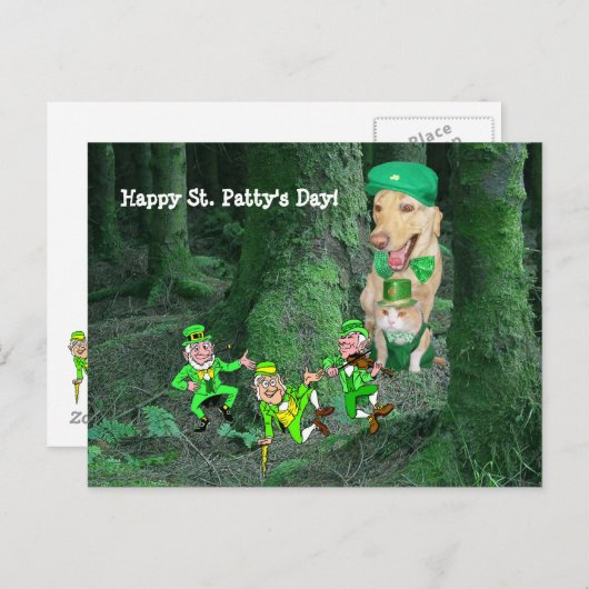 Funny Dog & Cat St. Patrick's Day Postkarte (Vorne/Hinten)