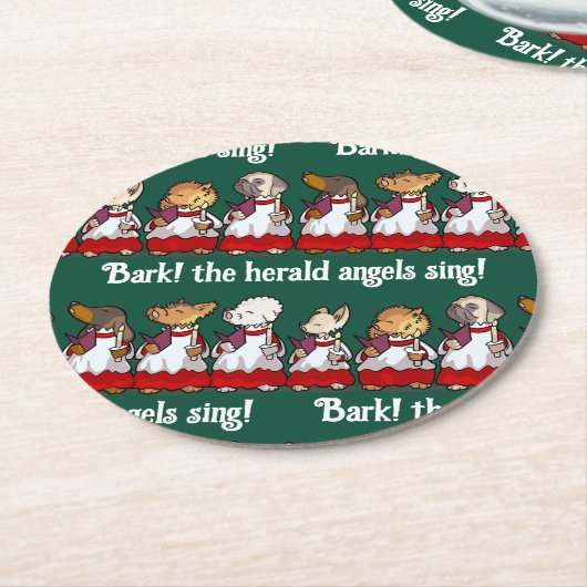 Funny Dog Choir Bark! Xmas Carol Pun Cartoon Runder Pappuntersetzer (Angewinkelt)