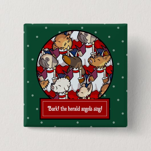 Funny Dog Choir Christmas Carol Pug Pun Cartoon Button (Vorderseite)