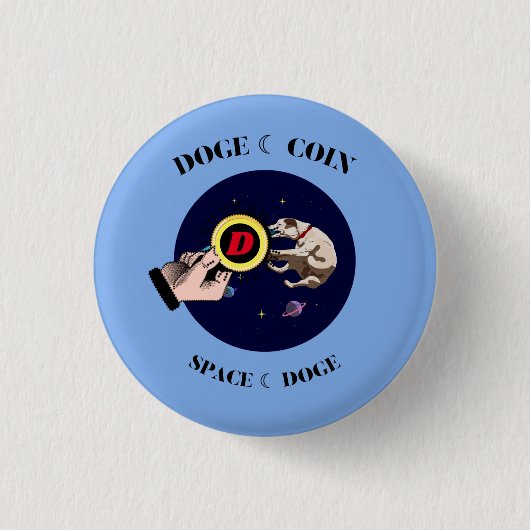 Funny Dog fängt Dogecoin im Weltraum Button (Vorderseite)