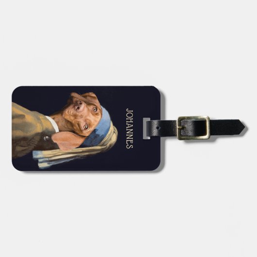 Funny Dog Girl mit Pearl Earring Vermeer Parody Gepäckanhänger (Vorderseite horizontal)