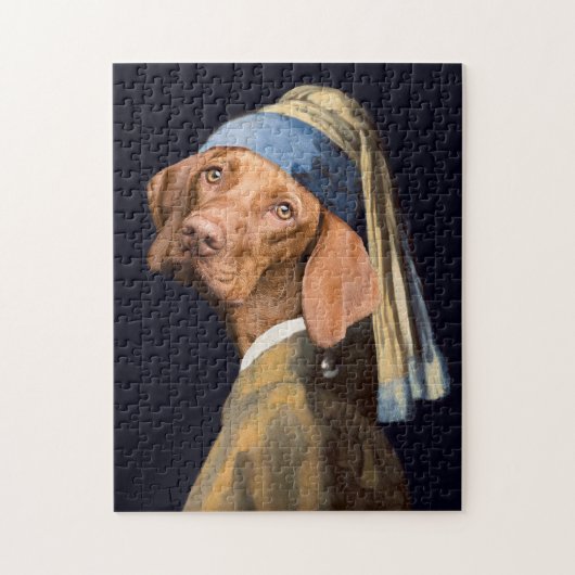Funny Dog Girl mit Pearl Earring Vermeer Parody Puzzle (Vertikal)