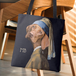 Funny Dog Girl mit Pearl Earring Vermeer Parody Tasche