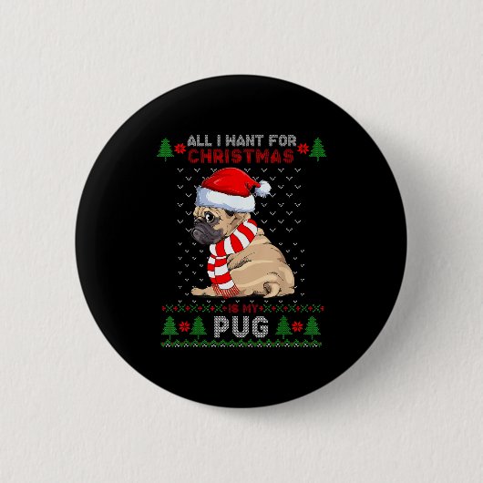Funny Dog Lovers Cute Pug Santa Hat Ugly Christmas Button (Vorderseite)