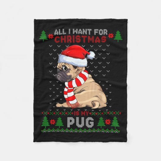 Funny Dog Lovers Cute Pug Santa Hat Ugly Christmas Fleecedecke (Vorderseite)