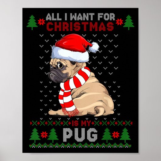 Funny Dog Lovers Cute Pug Santa Hat Ugly Christmas Poster (Vorne)
