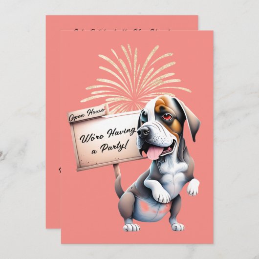 Funny Dog New Year's Open House Party Einladung (Vorne/Hinten)
