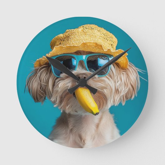 Funny Dog with Sunglasses and Hat Wall Clock Desig Runde Wanduhr (Vorderseite)